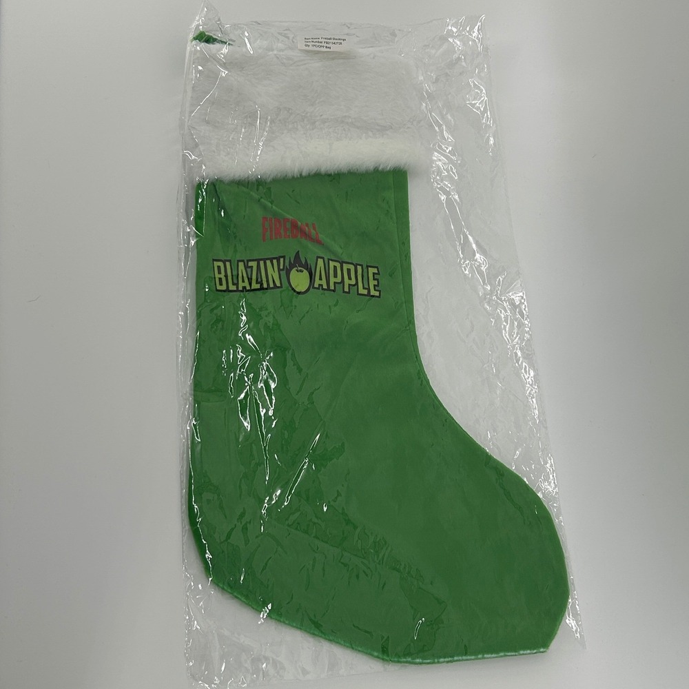 Fireball Blazin Apple Christmas Holiday Stocking Green White Faux Fur Trim NWT